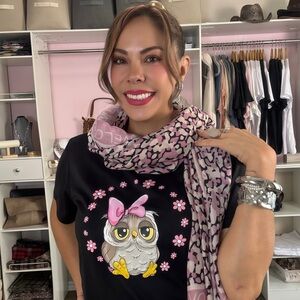 Black Owl Graphic T-Shirt with Pink Accents